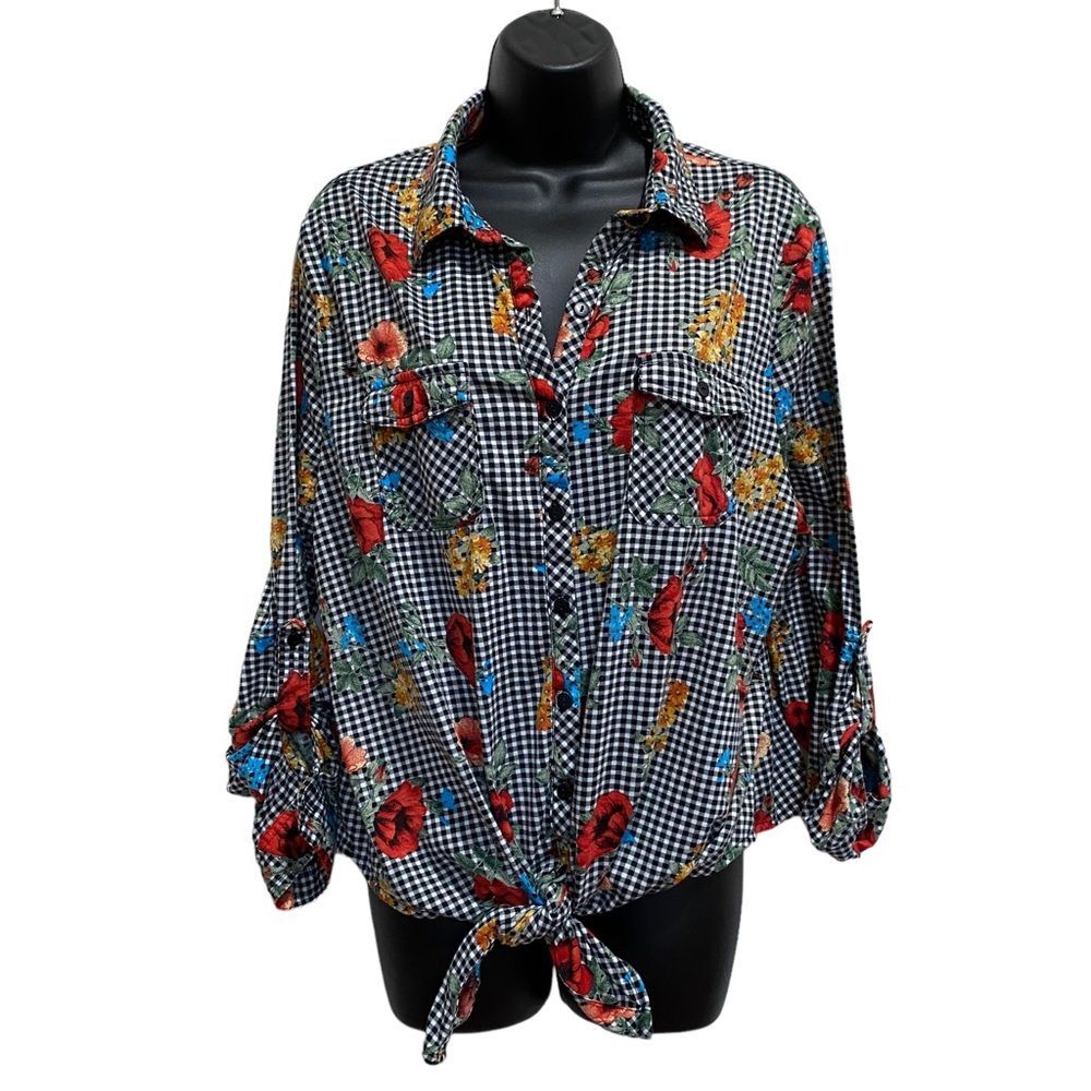 Passport Plus Checkered Floral Tie Front Button Down Shirt Blouse Plus Sz 2X